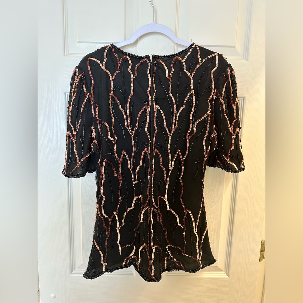 Eve’s Allure Vintage Beaded Silk Blouse Size L Black and Gold - Picture 3 of 9